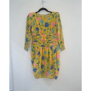 Vintage Ungaro Parallele Paris  Floral Dress 3/4 Sleeve Yellow Size 6